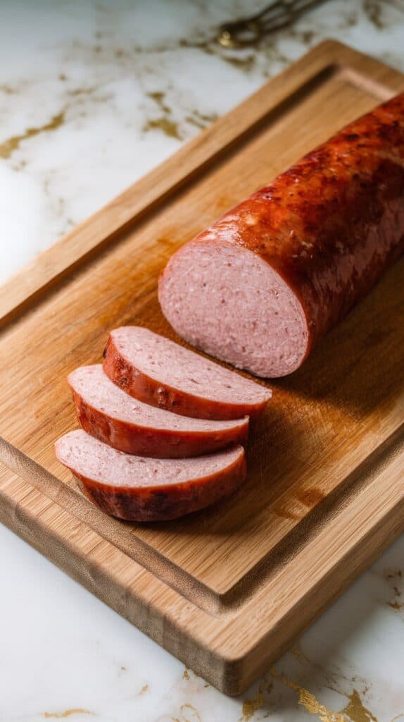 kielbasa being sliced on a wooden cutting board into half-moon pieces, juicy and pink with browned edges.