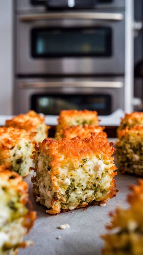golden brown broccoli tots fresh out of the oven, crispy edges visible on a parchment-lined baking sheet.