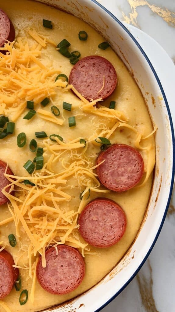 casserole batter spread evenly in a greased white dish, cheese visible on top, ready to go in the oven