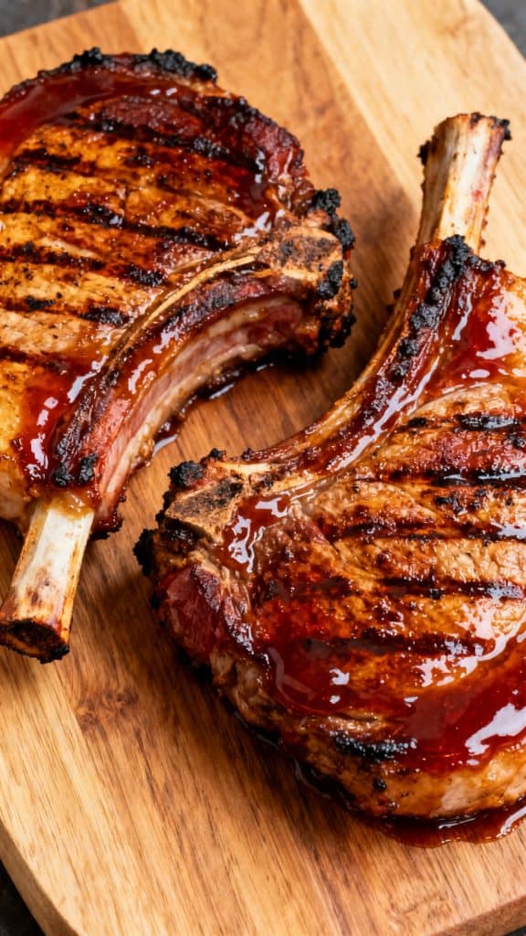 Grilled Pork Chops with Rhubarb BBQ Sauce