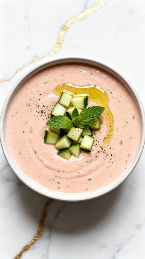 Rhubarb Gazpacho with Cucumber and Mint
