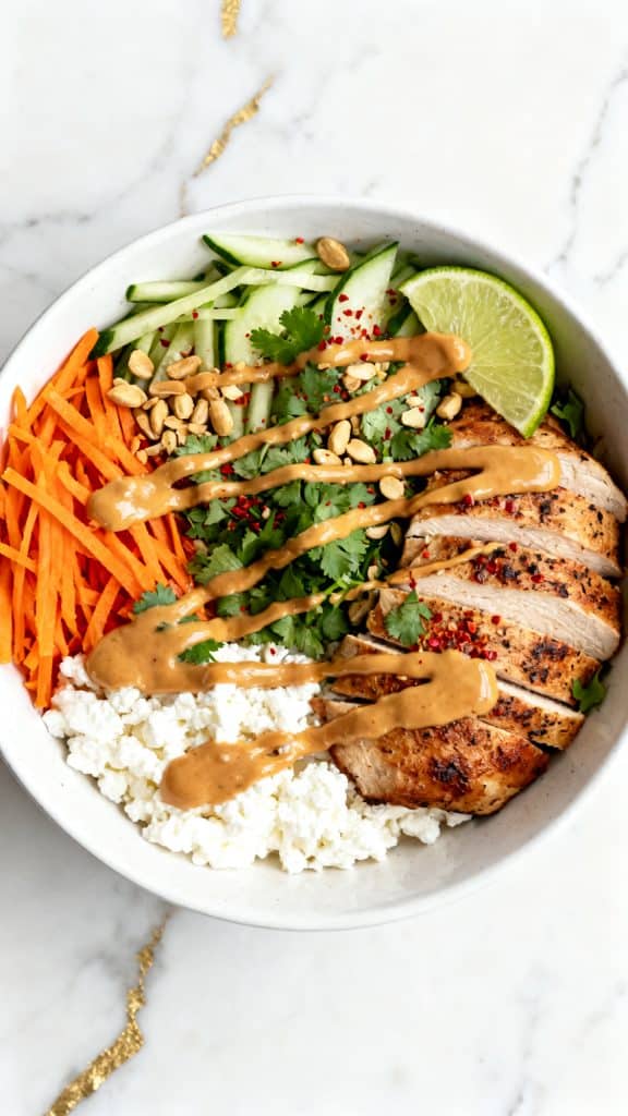 Spicy Peanut Chicken Cottage Cheese Bowl