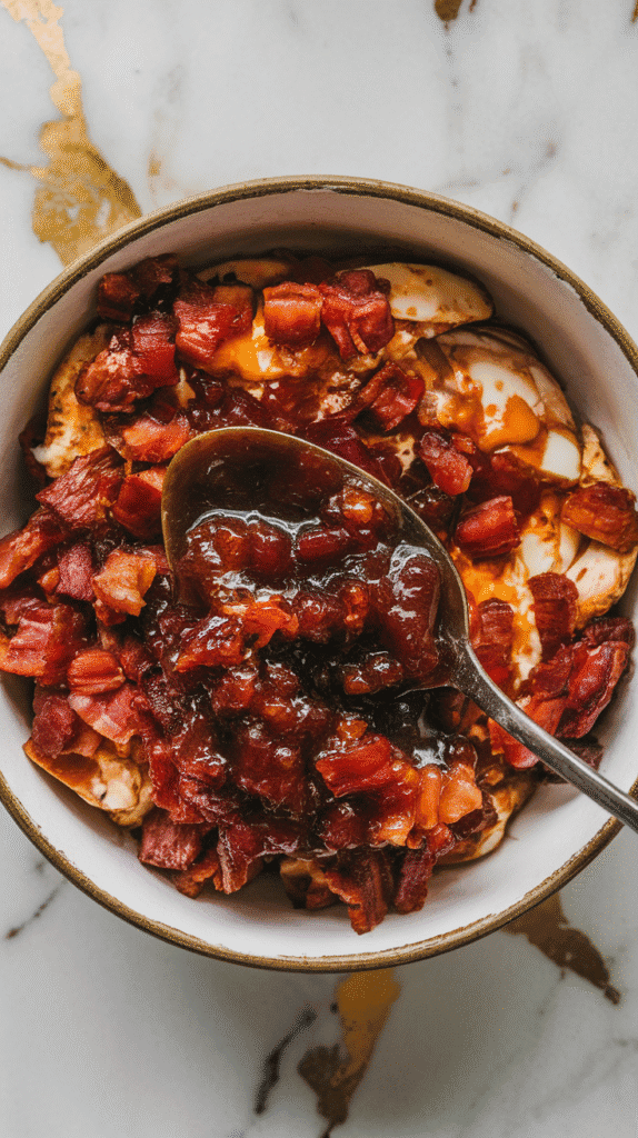 thick, glossy bacon jam spooned over chunky chopped eggs, rich and dark with visible onion and bacon bits.