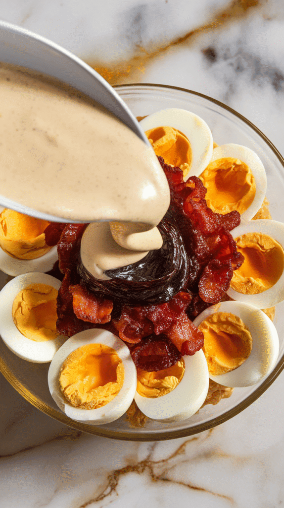 creamy dressing being folded into eggs and bacon jam, rich golden yolks visible, with a soft swirl of dark jam.