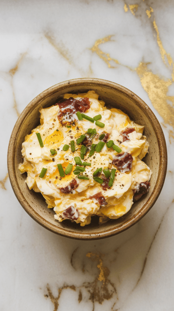 finished egg salad in a small bowl, dotted with chives and fresh cracked black pepper, creamy with visible flecks of bacon.