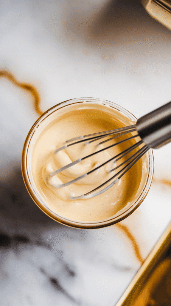 mayo, mustard, and vinegar being whisked together into a smooth pale yellow dressing in a tiny bowl.