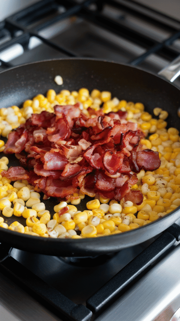 corn kernels and minced garlic sautéing in bacon fat, garlic lightly golden and corn glistening.