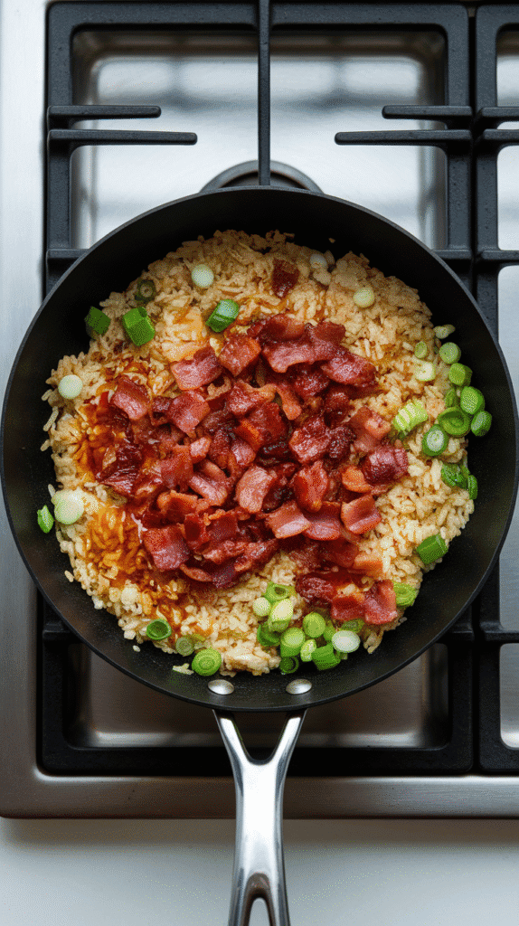 bright green onion slices being stirred into hot fried rice, bacon pieces and corn kernels peeking through golden rice.
