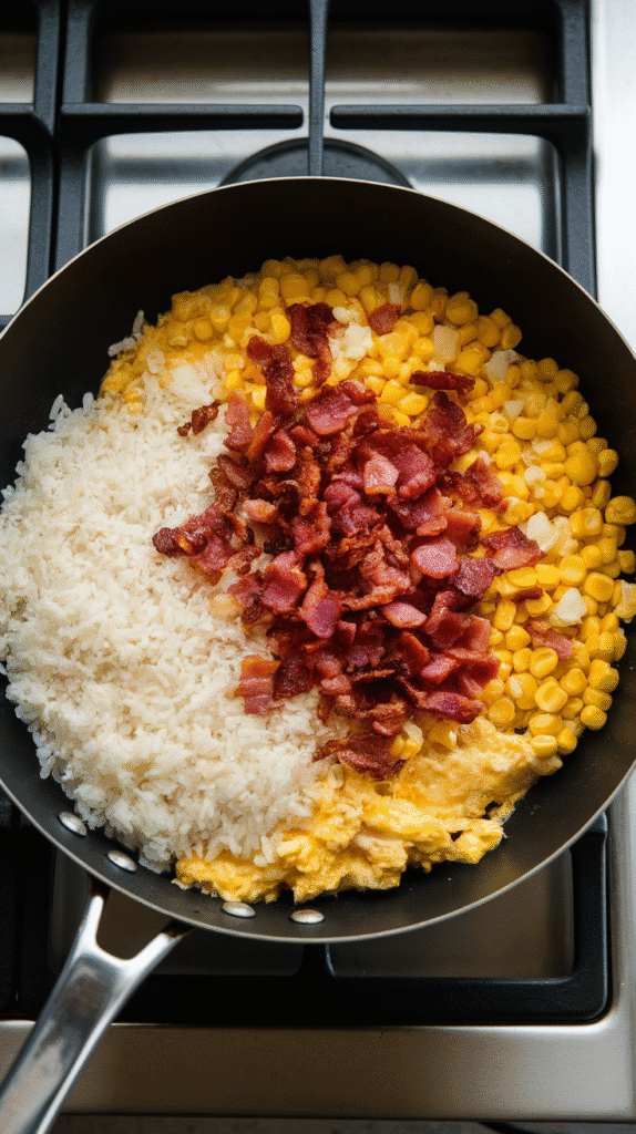 fluffy cold rice mixing into the eggs, garlic, and corn, grains starting to separate and take on a golden hue