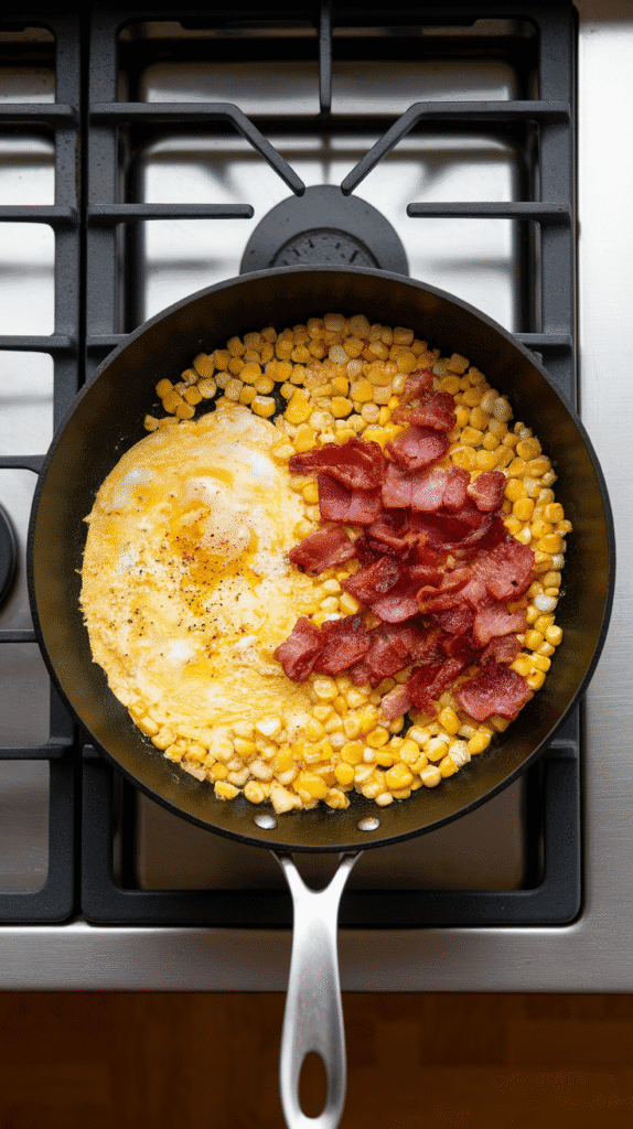eggs scrambling on one side of the skillet while corn and garlic sit on the other side, soft folds of egg starting to form