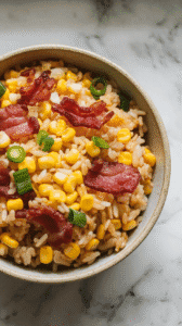 bacon and corn fried rice in a rustic ceramic bowl, topped with green onions and chili oil, ready to serve.