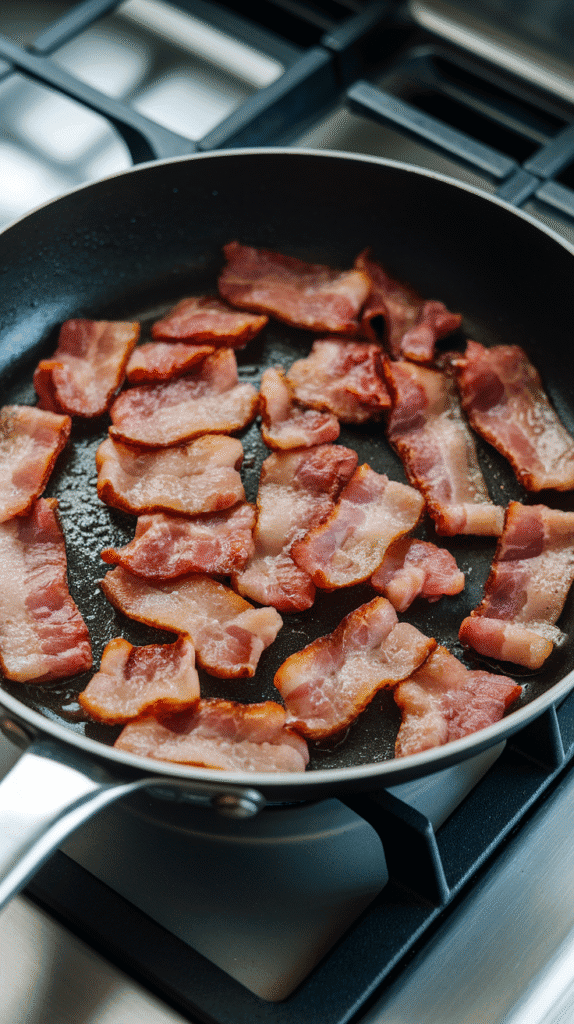 chopped bacon pieces sizzling and crisping in their rendered fat in a hot skillet, starting to turn golden brown.
