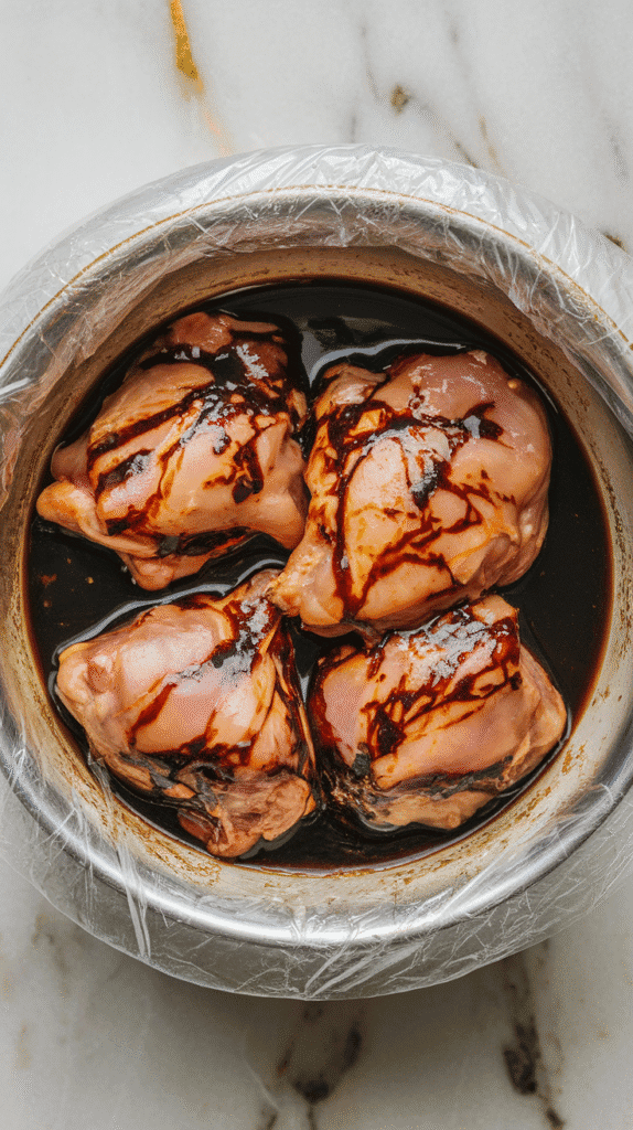 raw boneless skinless chicken thighs coated in a thick, dark black garlic soy marinade, the sauce clinging to each piece and pooling slightly at the bottom of the bowl.