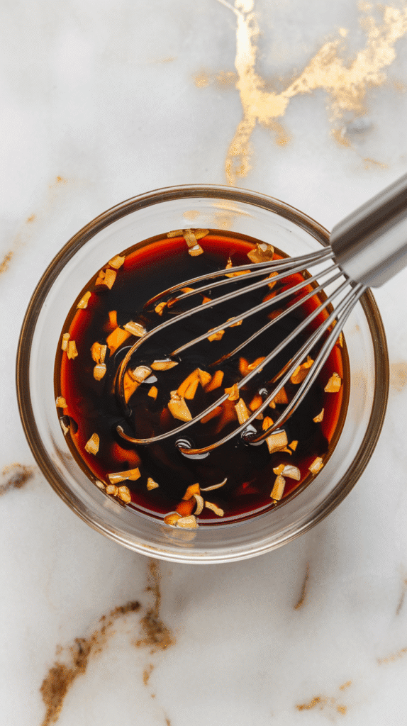 a small glass bowl filled with thick, shiny black garlic soy marinade, the black garlic paste melting into the soy sauce, ribbons of honey blending in, and flecks of ginger and spices floating throughout as a whisk stirs everything together.