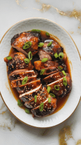 Normal top-down shot showing juicy black garlic soy chicken thighs sliced and arranged on a white ceramic plate, shiny glaze on top, garnished with sesame seeds and scallions, some sauce pooled underneath.