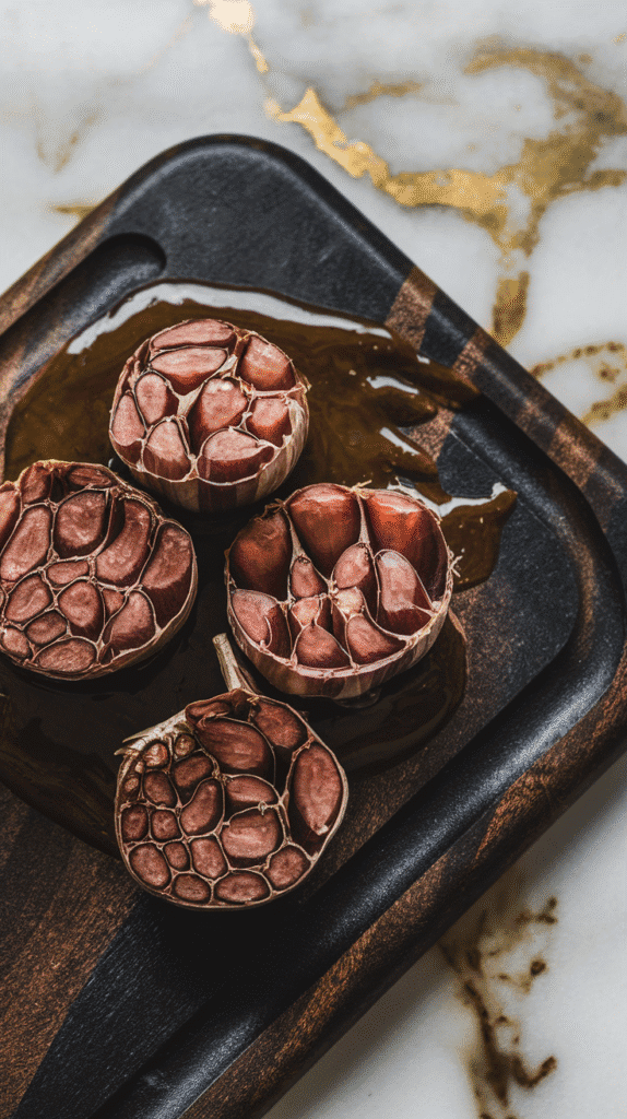 4 black garlic cloves mashed into a thick, sticky paste on a wooden cutting board, deep black in color and shiny, with little smudges of paste around.