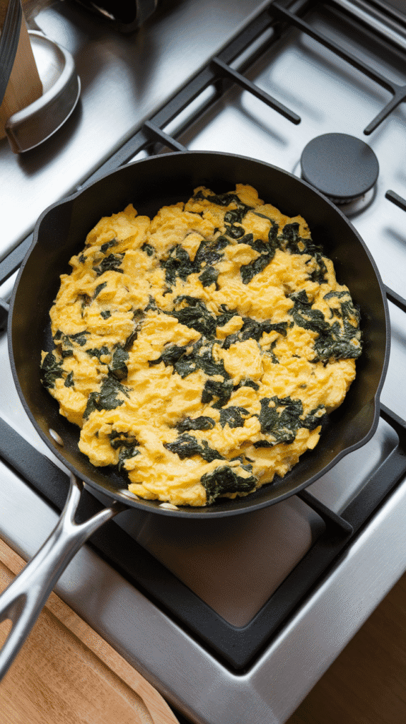 scrambled eggs cooking in skillet with chopped spinach added near the end, soft and fluffy texture visible