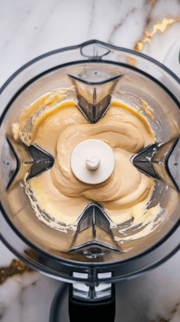 creamy blended batter in a blender, made from 1 cup low-fat cottage cheese and 2 large eggs, pale yellow and smooth