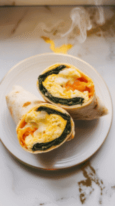 a cooked cottage cheese wrap on a white plate with scrambled eggs, spinach, and melted cheddar down the middle