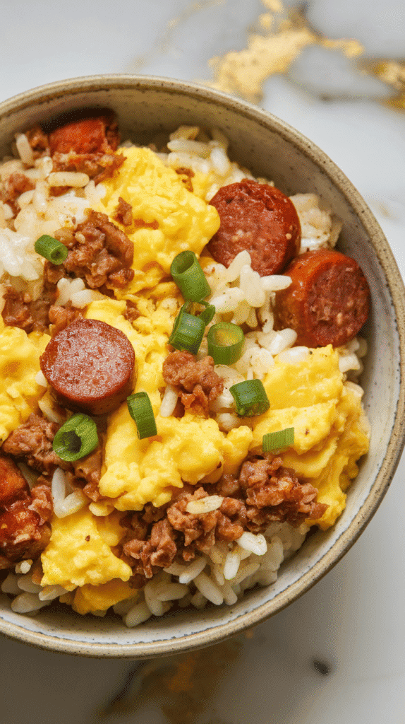 breakfast fried rice with sausage and egg served in ceramic bowls, topped with scallions and red pepper flakes.