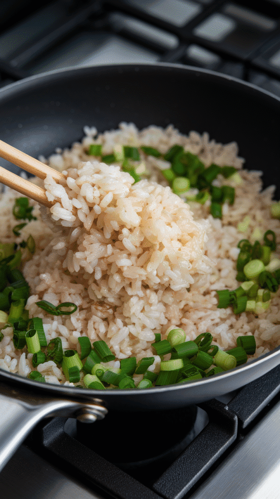 cold rice being stirred into sautéed garlic and scallions, grains separating and turning lightly golden from soy sauce.