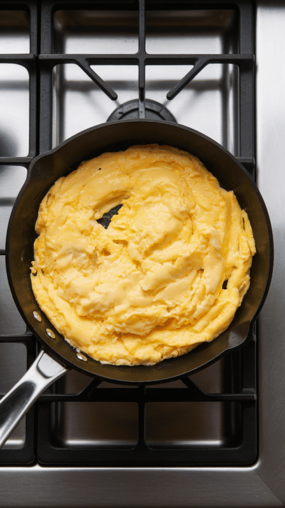 fluffy scrambled eggs just set in a skillet, still soft with slight folds, no browning.