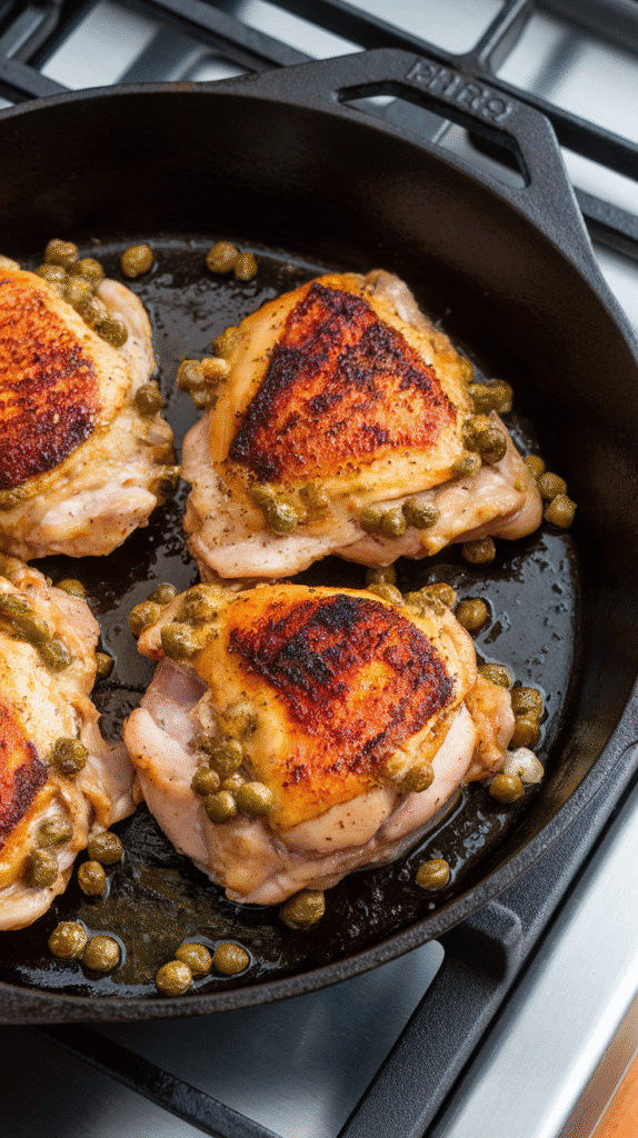 marinated chicken thighs sizzling in a cast iron skillet, creamy Dijon marinade caramelizing on the edges, little bits of capers and mustard forming a golden crust.