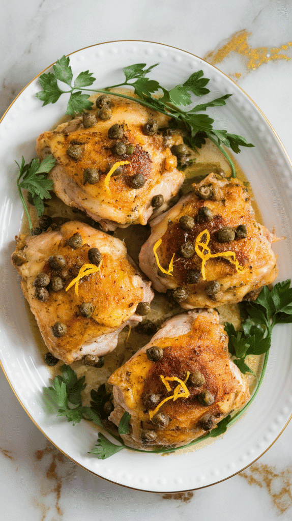 Normal top-down shot showing juicy caper Dijon chicken thighs arranged on a white ceramic plate, golden brown crust with flecks of capers and lemon zest, finished with fresh parsley.