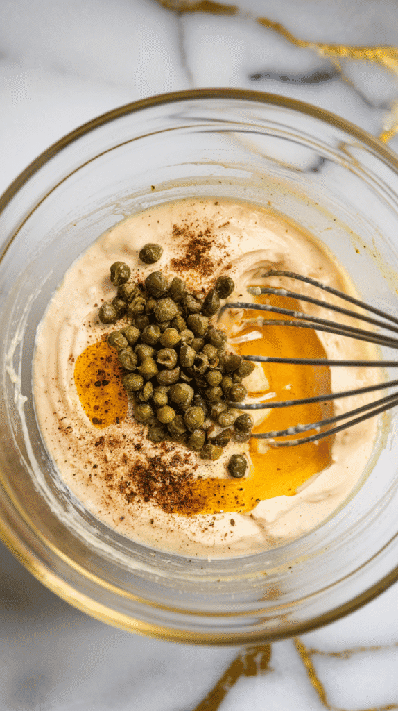 chopped green capers, golden honey, and powdered seasonings sprinkled over the creamy Dijon lemon mixture, caper flecks and pepper visible as they’re whisked in.