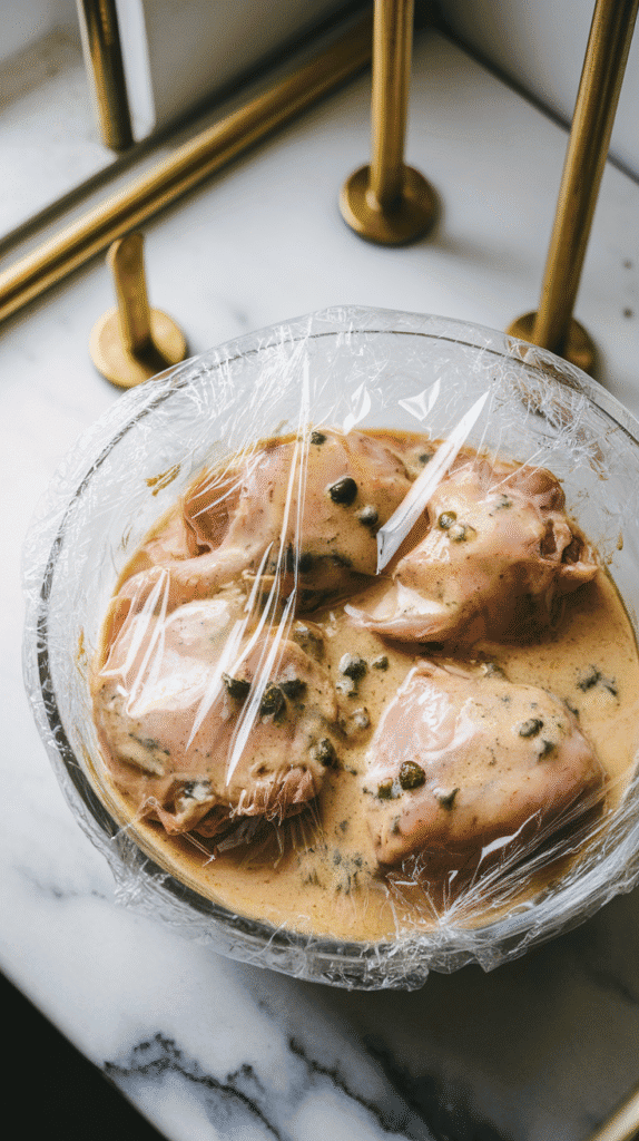a glass bowl filled with caper Dijon-marinated chicken thighs, covered with clear plastic wrap, with a few caper flecks visible through the creamy sauce.