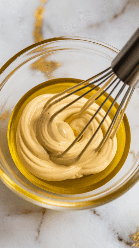 Dijon mustard, golden olive oil, and fresh lemon juice swirling together in a small glass bowl, creamy yellow color forming as they’re whisked into a smooth emulsion