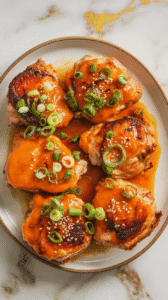 Normal top-down shot showing vibrant carrot ginger chicken thighs arranged on a white ceramic plate, bright orange glaze with caramelized edges, topped with sliced scallions and sesame seeds
