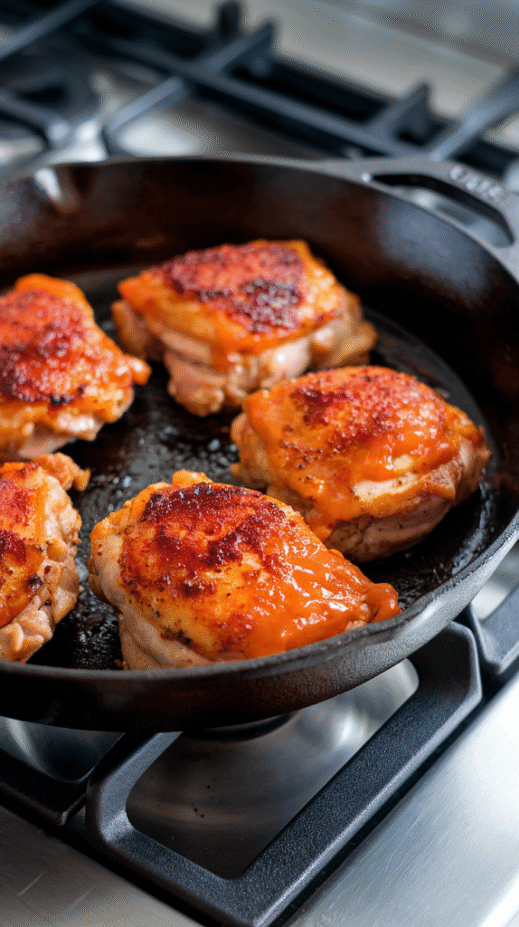 carrot ginger-marinated chicken thighs sizzling in a cast iron skillet, vibrant orange glaze caramelizing into golden brown crusts on the chicken