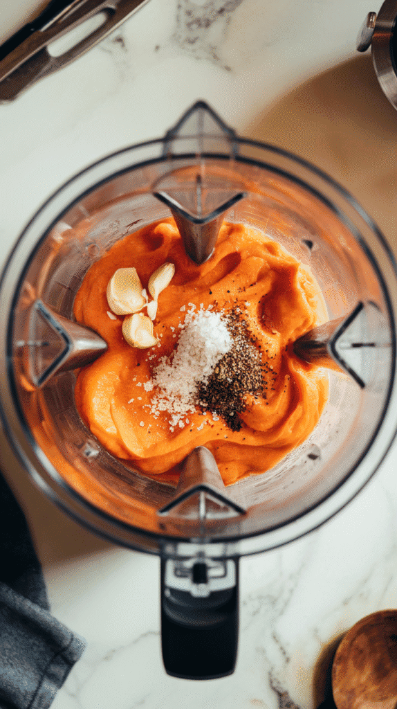 minced garlic, kosher salt, and cracked black pepper sprinkled over the smooth carrot ginger mixture in the blender, flecks of seasoning visible just before blending.