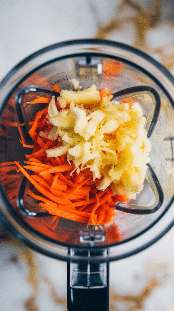 shredded carrots and freshly grated ginger sitting in a blender cup, bright orange and pale yellow colors contrasting, ready to blend.