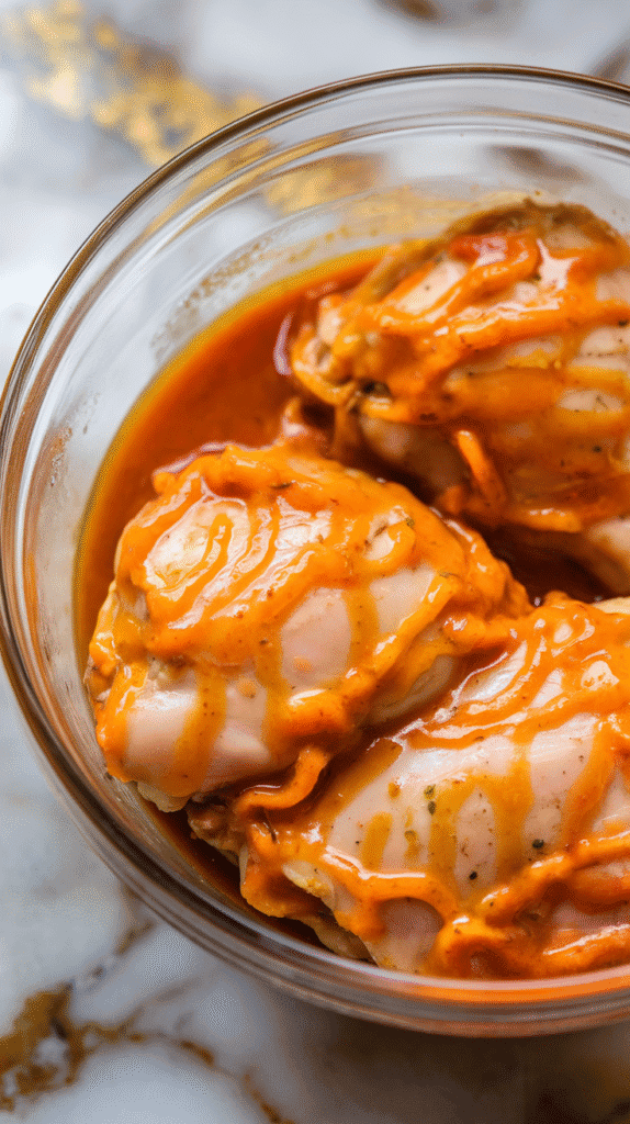 boneless skinless chicken thighs coated in a thick, vibrant orange carrot ginger marinade, the sauce clinging to every fold of the chicken. On white marble counters with hints of gold