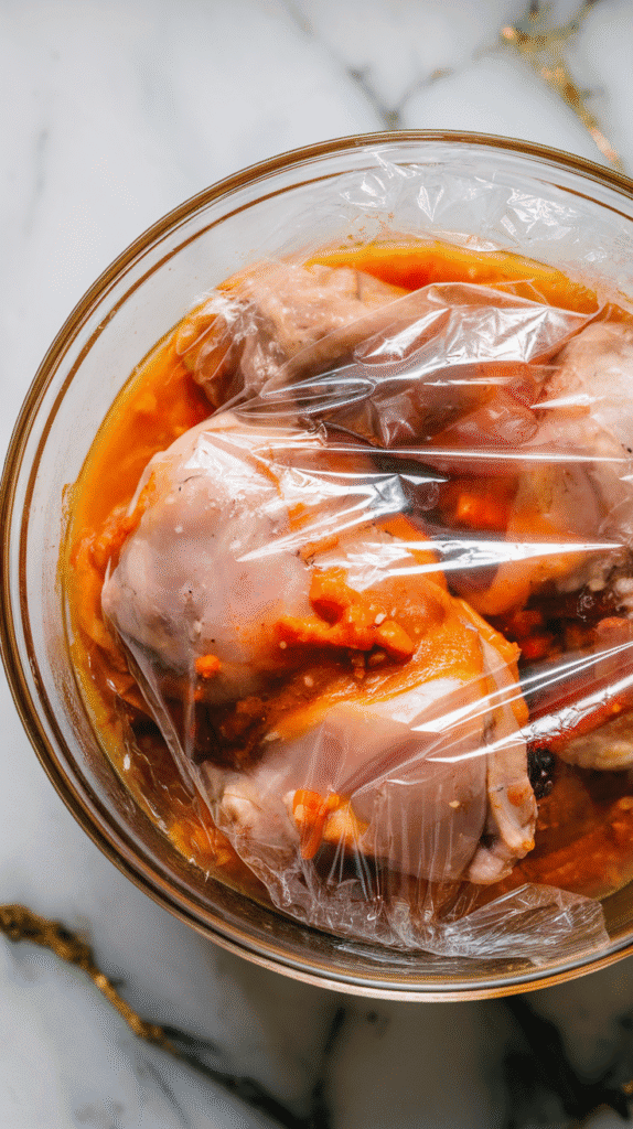 a glass bowl filled with carrot ginger-marinated chicken thighs, covered tightly with clear plastic wrap, vibrant orange sauce visible beneath the wrap