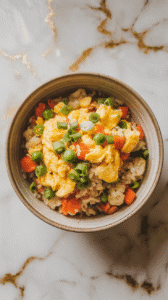 cauliflower veggie fried rice served in a shallow ceramic bowl, showing scrambled egg pieces, green peas, and fresh green onions on top.
