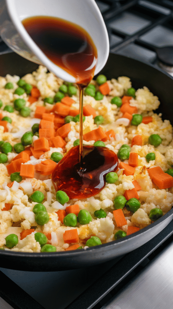 soy sauce and sesame oil drizzling over cauliflower fried rice, giving it a golden color, grains glistening.