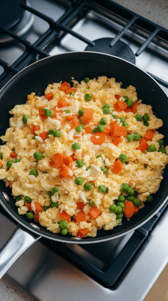 cauliflower rice and peas being mixed into eggs, carrots, and garlic in a skillet, steam rising as it cooks