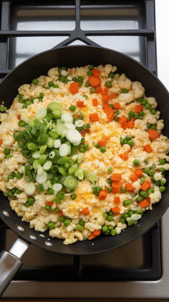 green onions being folded into finished cauliflower fried rice, vibrant green color against golden bits.