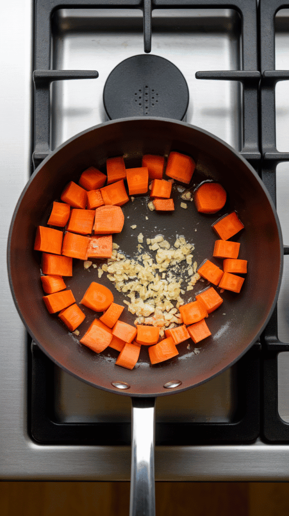 diced carrots and minced garlic sizzling in neutral oil, carrots starting to soften and garlic becoming fragrant