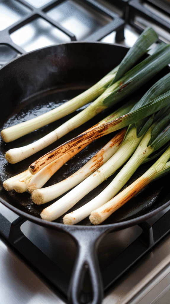 scallions sizzling in a cast iron skillet with a little olive oil, charred black spots forming on the green tops and white bases beginning to soften.