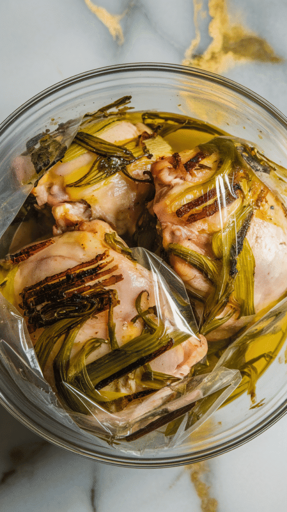 a bowl filled with chicken thighs covered in charred scallion marinade, tightly wrapped in clear plastic wrap with green flecks and olive oil shining through