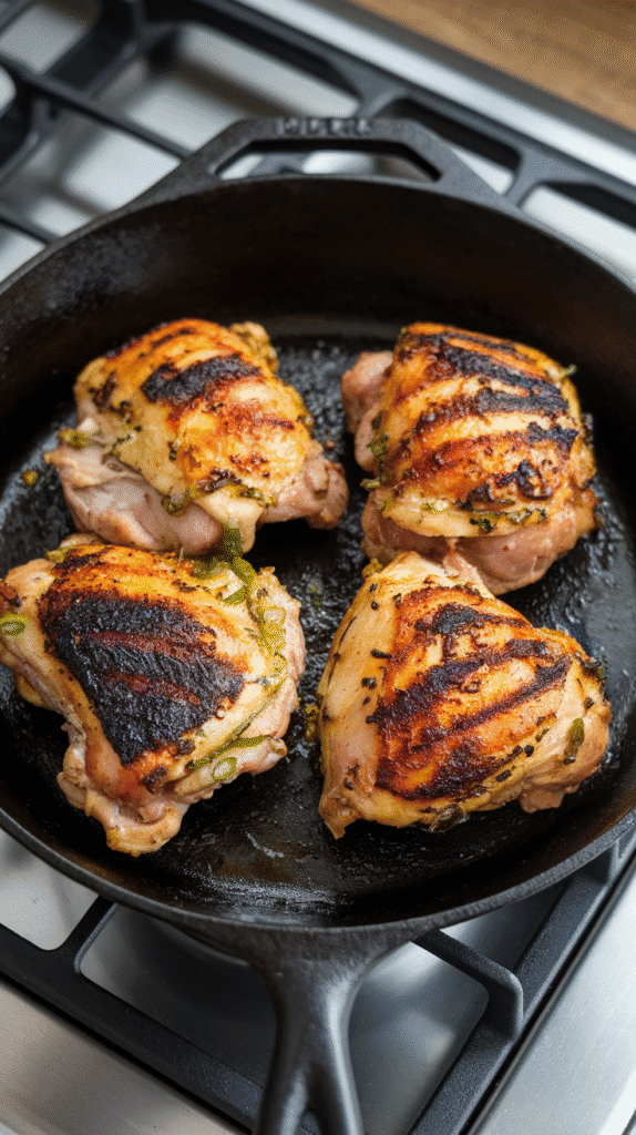 chicken thighs sizzling in a cast iron skillet, charred scallion marinade forming a golden-brown crust with flecks of green and blackened edges