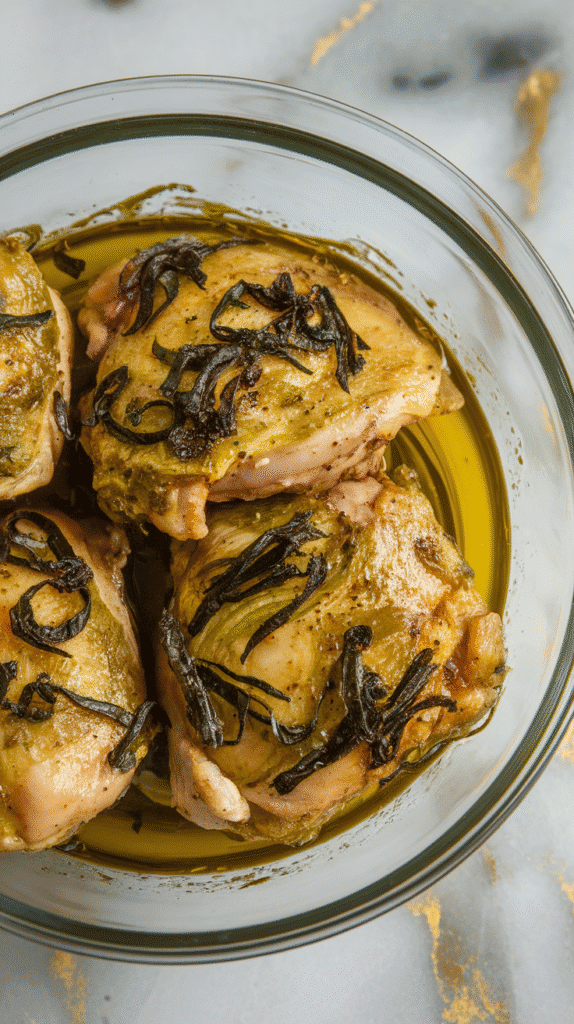 chicken thighs coated in thick green charred scallion marinade, flecks of blackened scallion and glossy olive oil clinging to the surface.