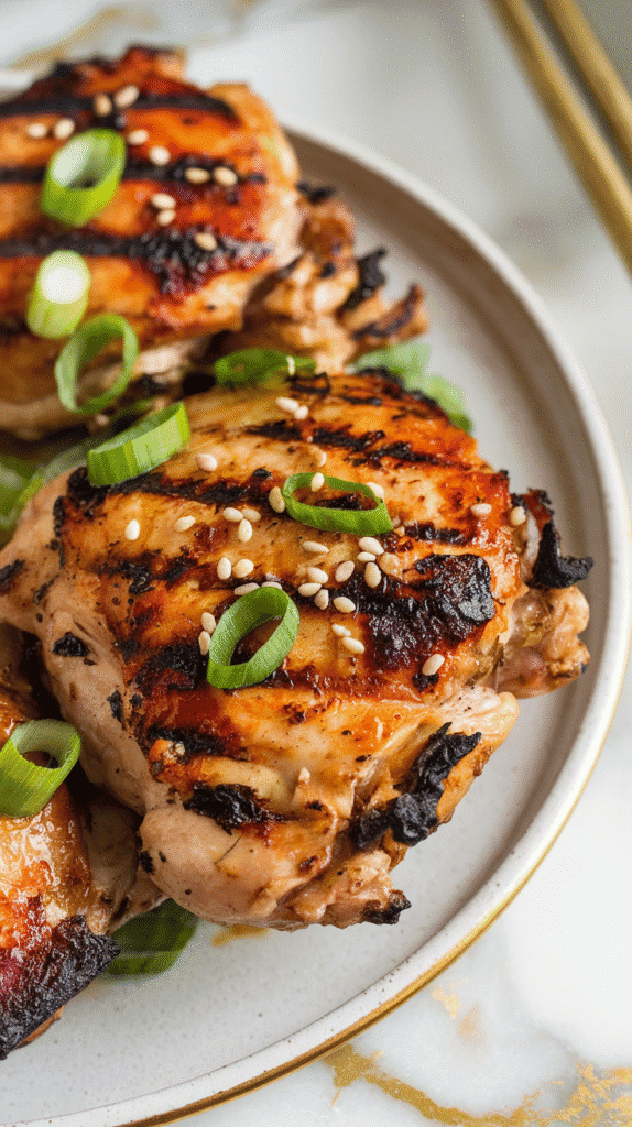 grilled charred scallion chicken thighs on a white ceramic plate, sliced and garnished with raw scallion curls and a drizzle of leftover (cooked) marinade