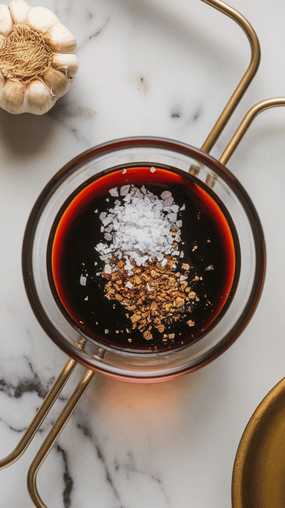 minced garlic, kosher salt, and cracked black pepper sprinkled over the thick cherry balsamic marinade, tiny flecks visible on the surface before blending smooth.