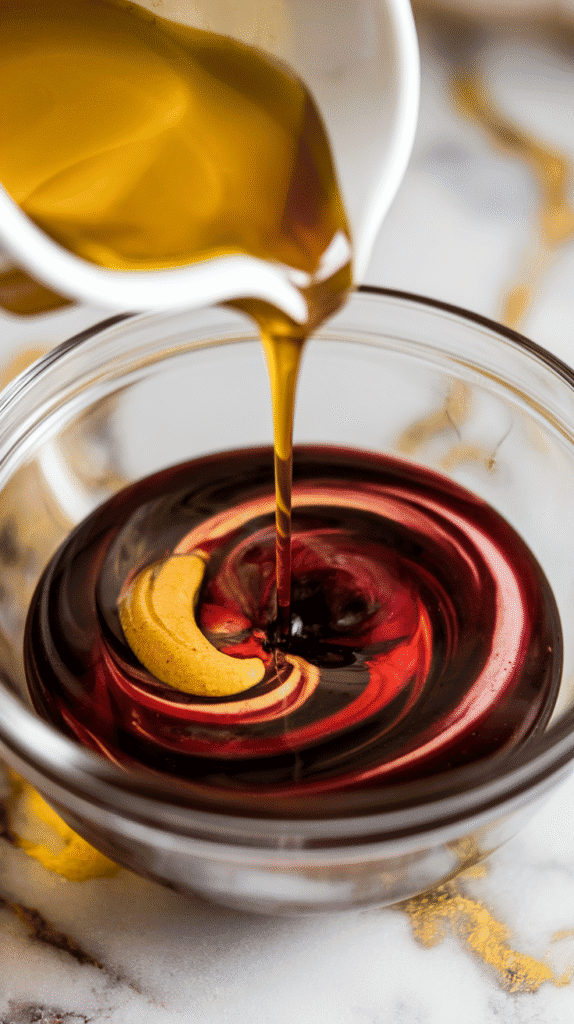 olive oil, golden honey, and smooth Dijon mustard pouring into the cherry balsamic mixture, rich colors swirling together before blending smooth.
