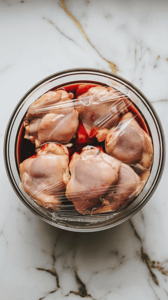 glass bowl filled with cherry balsamic-marinated chicken thighs, covered tightly with clear plastic wrap, deep red marinade visible through the wrap